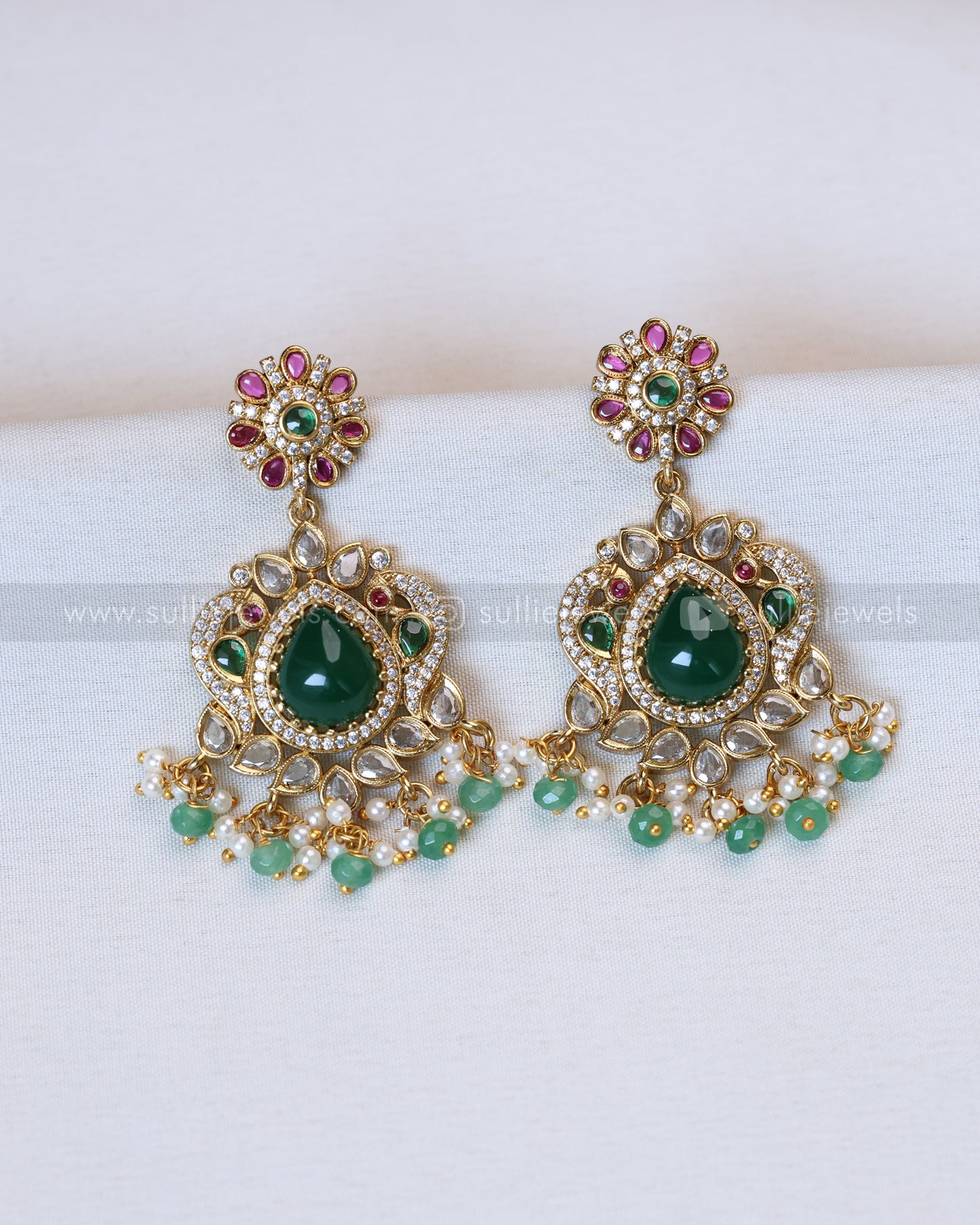 7136 - No Idol Floral Green Guttapusalu Hanging Haaram with Earring - Mint