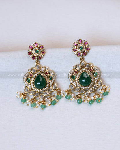 7136 - No Idol Floral Green Guttapusalu Hanging Haaram with Earring - Mint