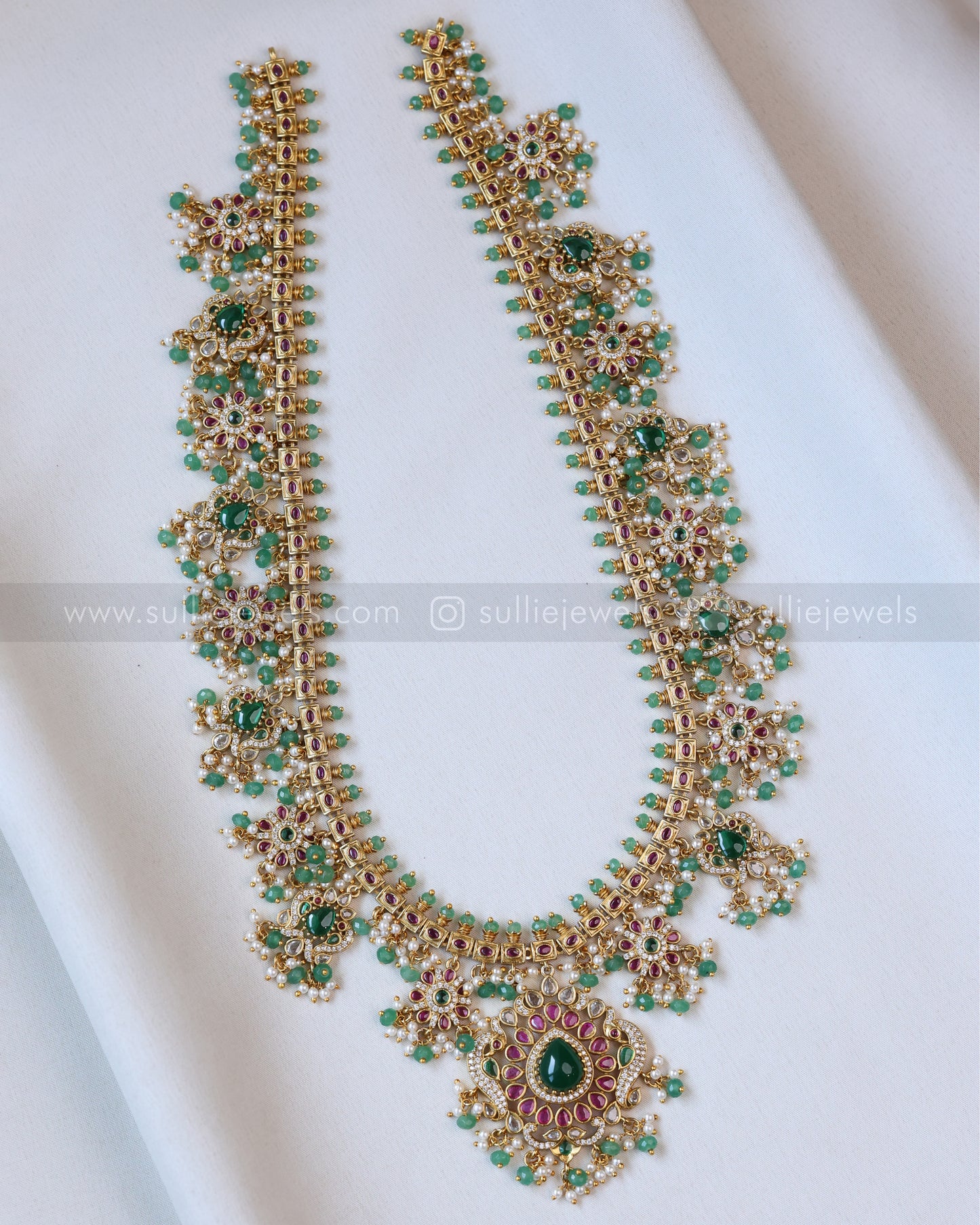 7136 - No Idol Floral Green Guttapusalu Hanging Haaram with Earring - Mint