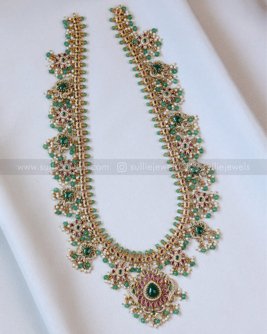 7136 - No Idol Floral Green Guttapusalu Hanging Haaram with Earring - Mint