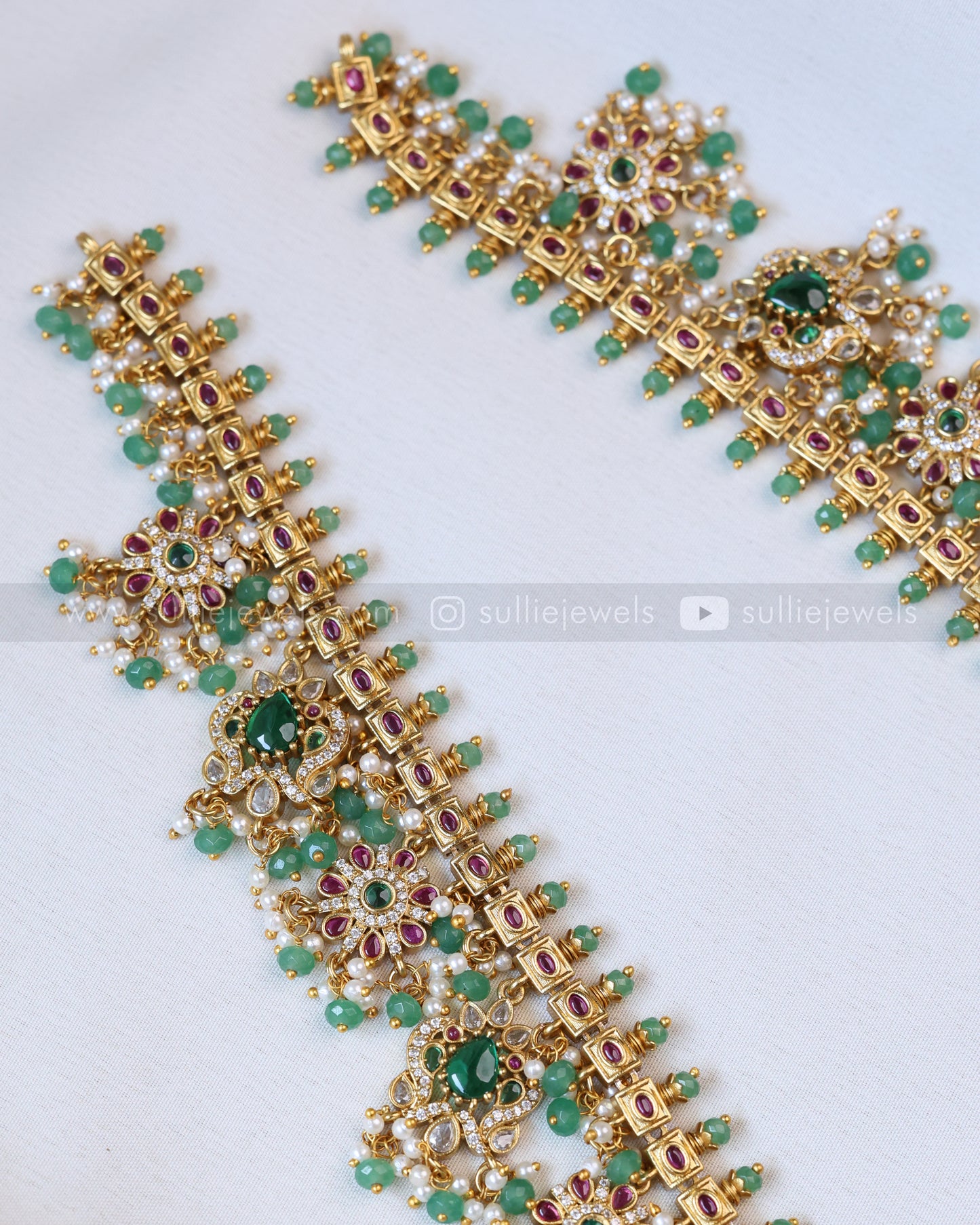 7136 - No Idol Floral Green Guttapusalu Hanging Haaram with Earring - Mint