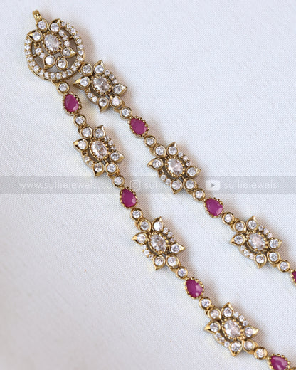 3657 - Floral Two Layered Victorian Necklace with Studs - Green