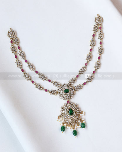 3657 - Floral Two Layered Victorian Necklace with Studs - Green