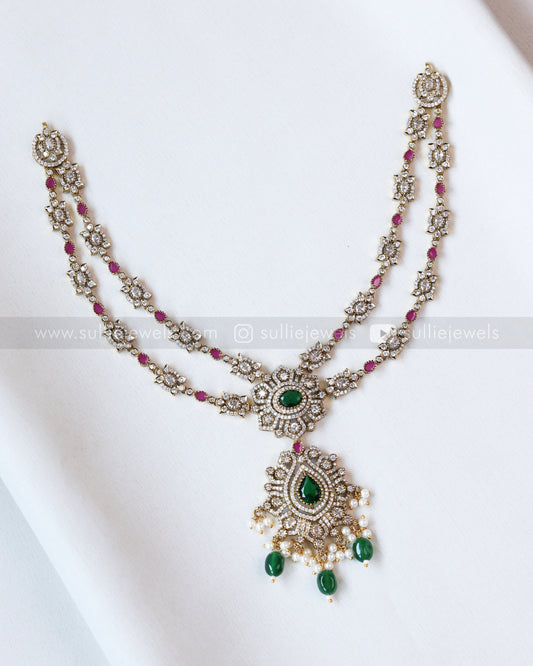 3657 - Floral Two Layered Victorian Necklace with Studs - Green