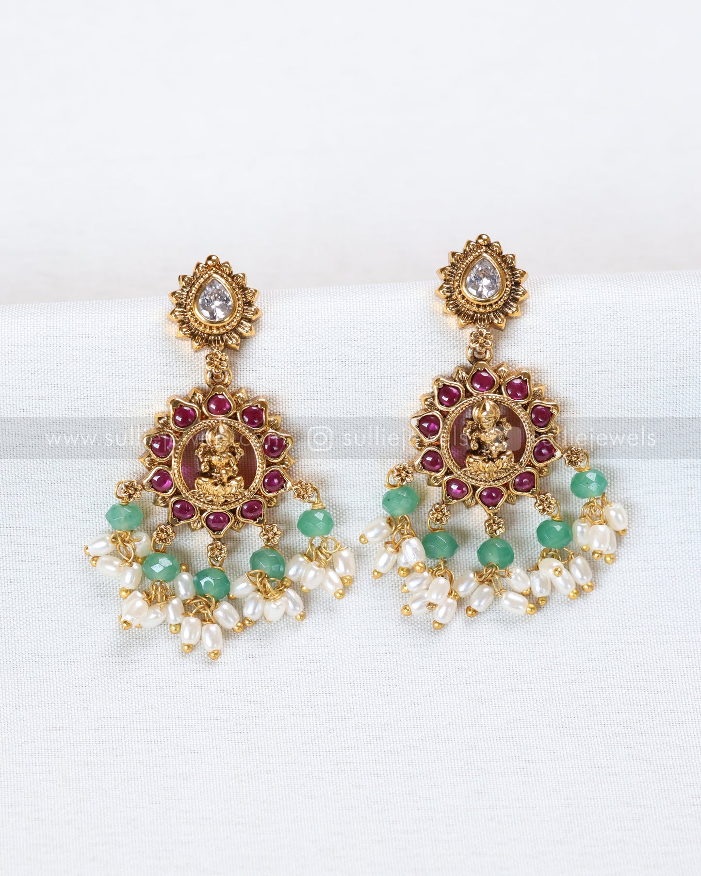 7208 - Lakshmi Mint Beads & Ruby Stone Premium Haram with Earrings