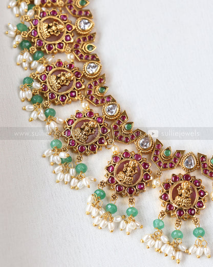 7208 - Lakshmi Mint Beads & Ruby Stone Premium Haram with Earrings