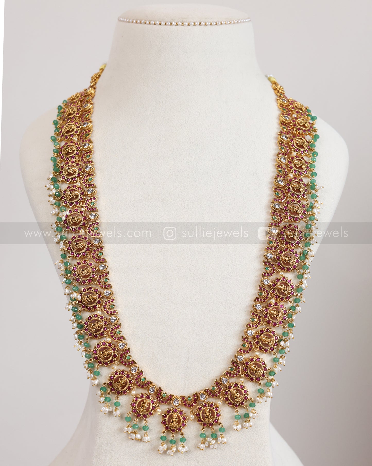 7208 - Lakshmi Mint Beads & Ruby Stone Premium Haram with Earrings