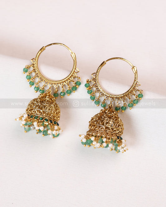 E1216 - Mint Beads Gold Hoop Jhumka