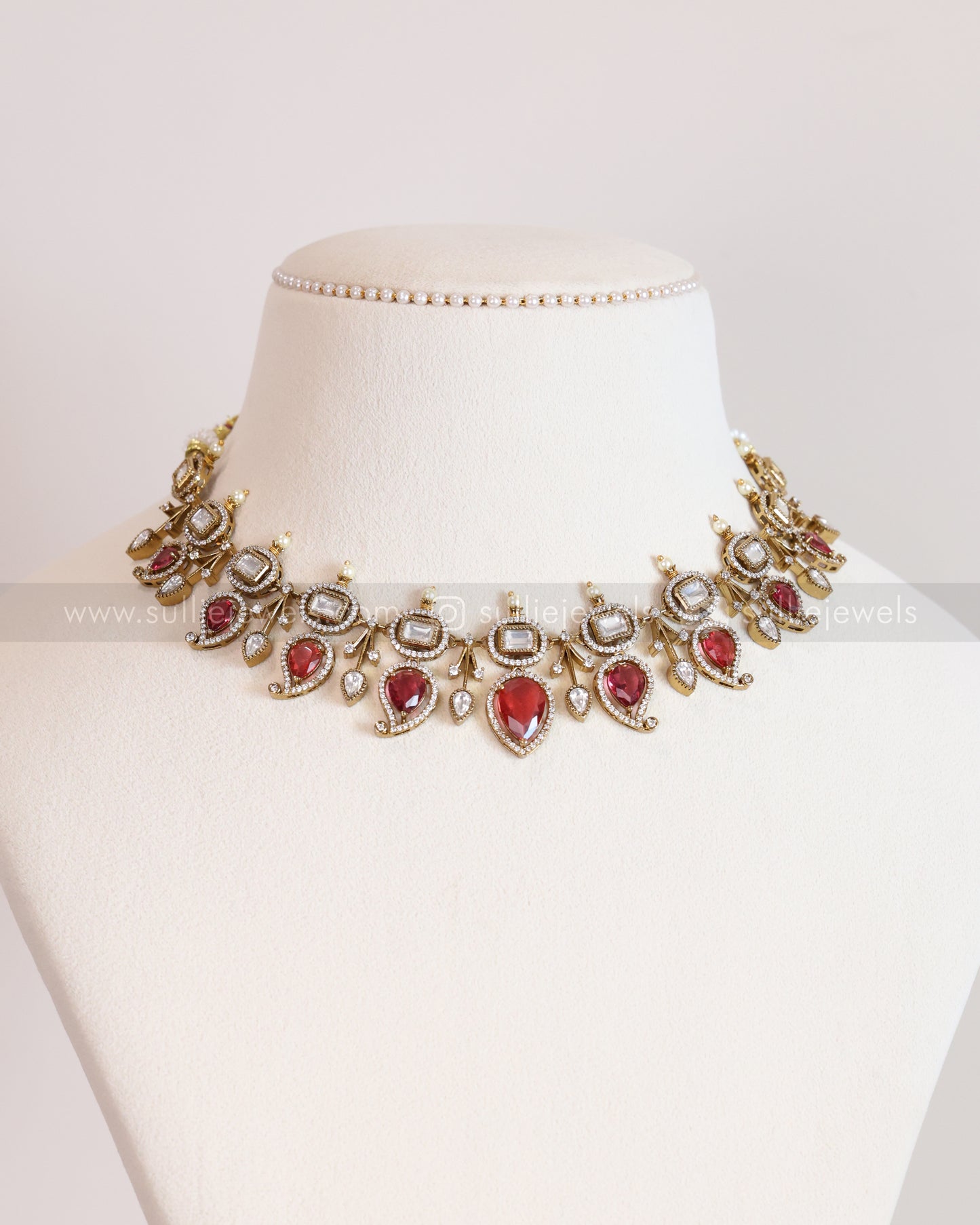 3701 - Ruby Mango Design Polki Necklace with Earrings