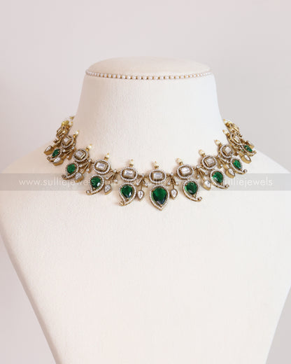 3702 - Green Mango Design Polki Necklace with Earrings