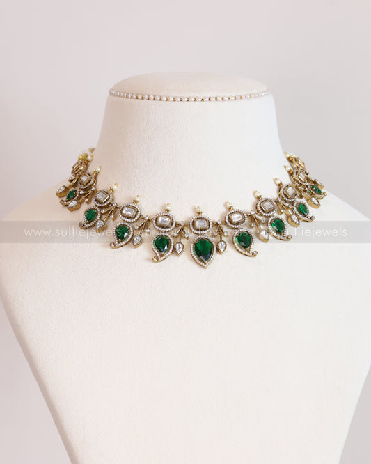 3702 - Green Mango Design Polki Necklace with Earrings