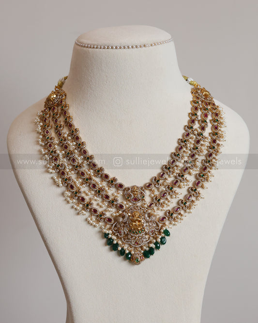 3621 - Lakshmi Premium Green Beads 3 Layer AD Long Chain with Earring