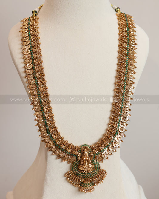7123 - Premium Lakshmi Green Peacock Coin Heavy Long Chain with Jhumka