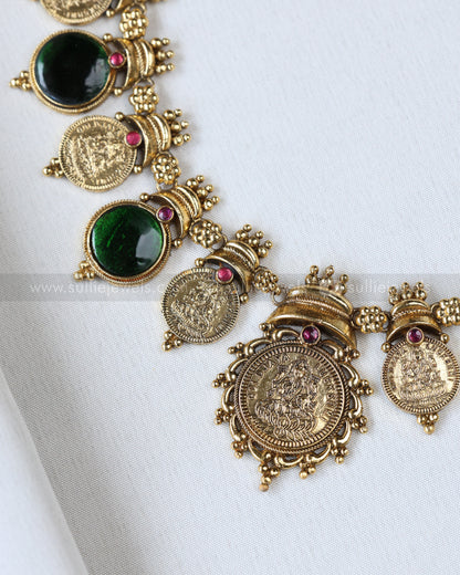 3885 - Antique Gold Coin Emerald Green Stone Necklace Chain