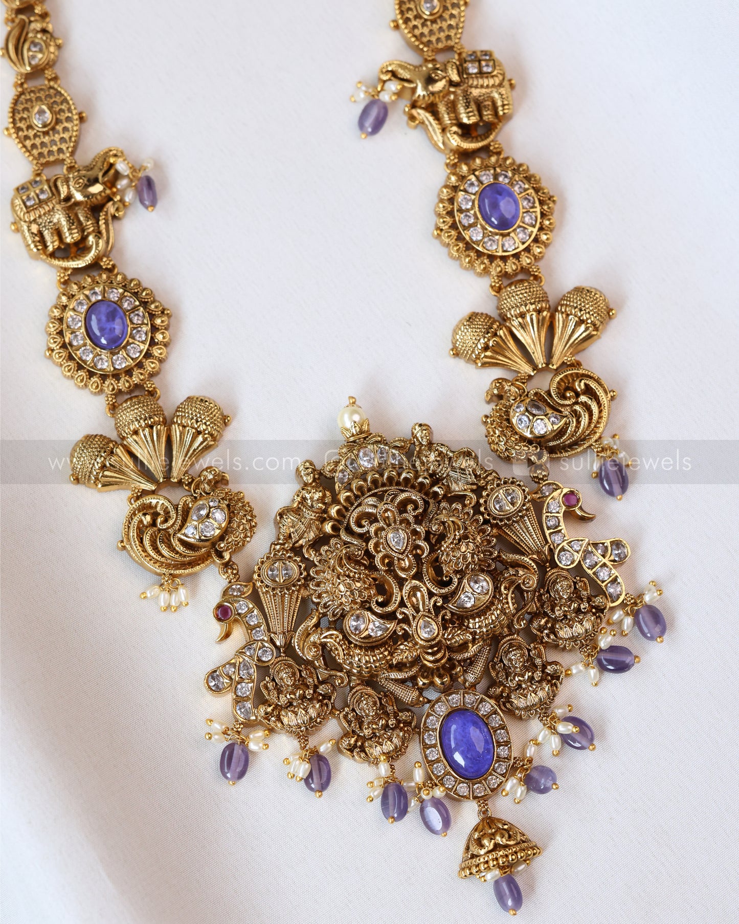 7166 - Premium Violet Peacock Lakshmi Stonework Haaram with Earring