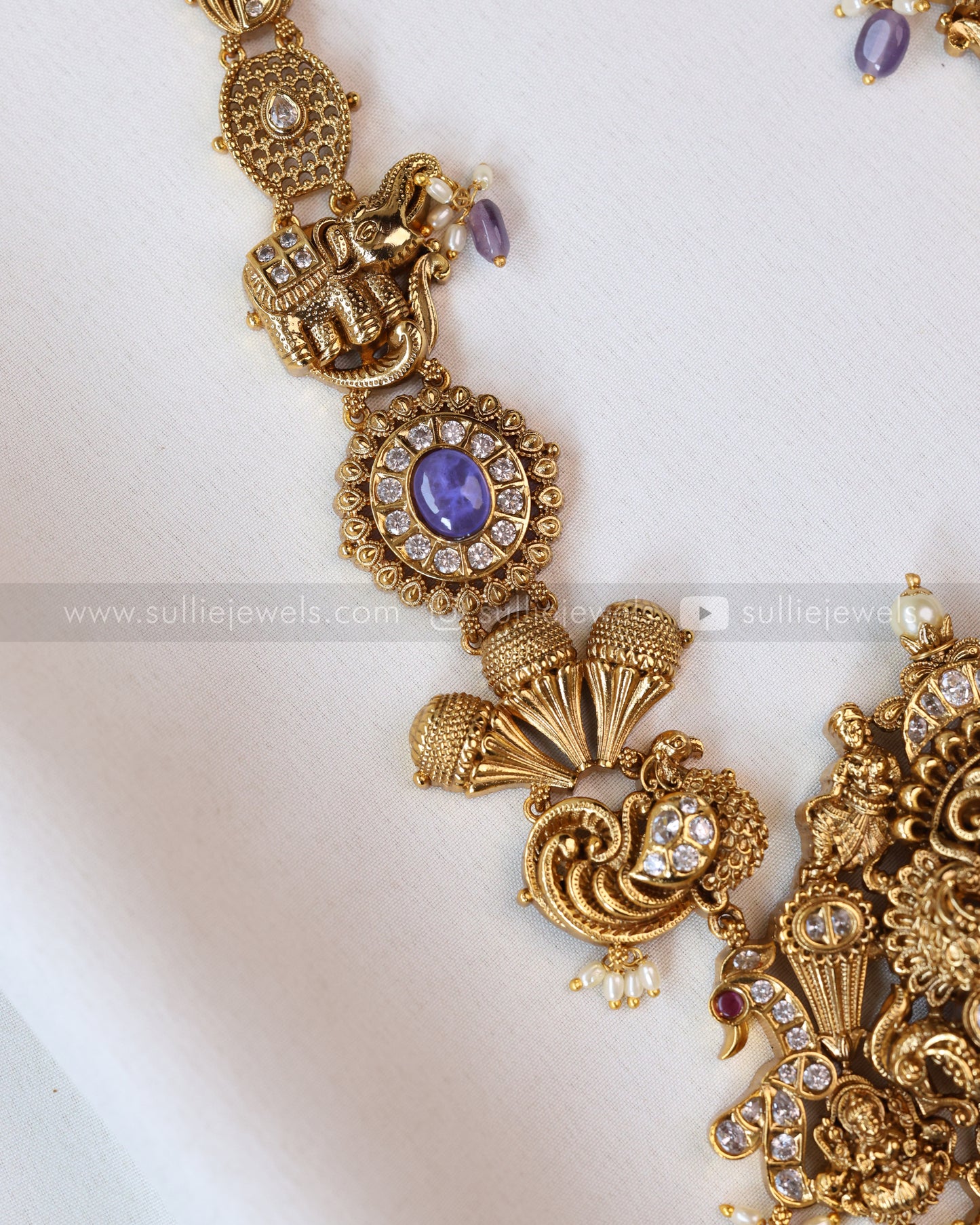 7166 - Premium Violet Peacock Lakshmi Stonework Haaram with Earring