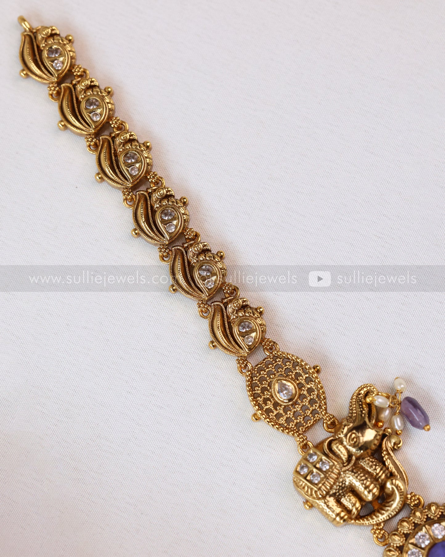 7166 - Premium Violet Peacock Lakshmi Stonework Haaram with Earring