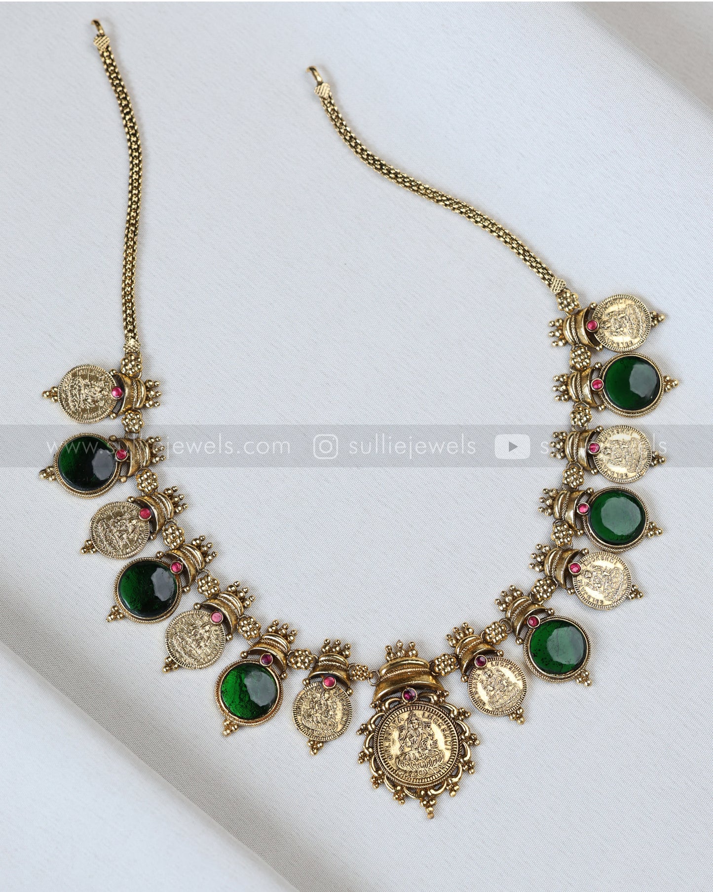 3885 - Antique Gold Coin Emerald Green Stone Necklace Chain
