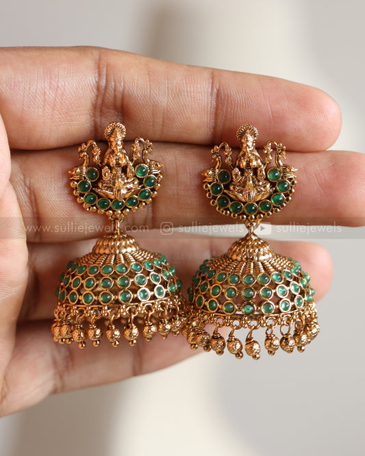 7123 - Premium Lakshmi Green Peacock Coin Heavy Long Chain with Jhumka