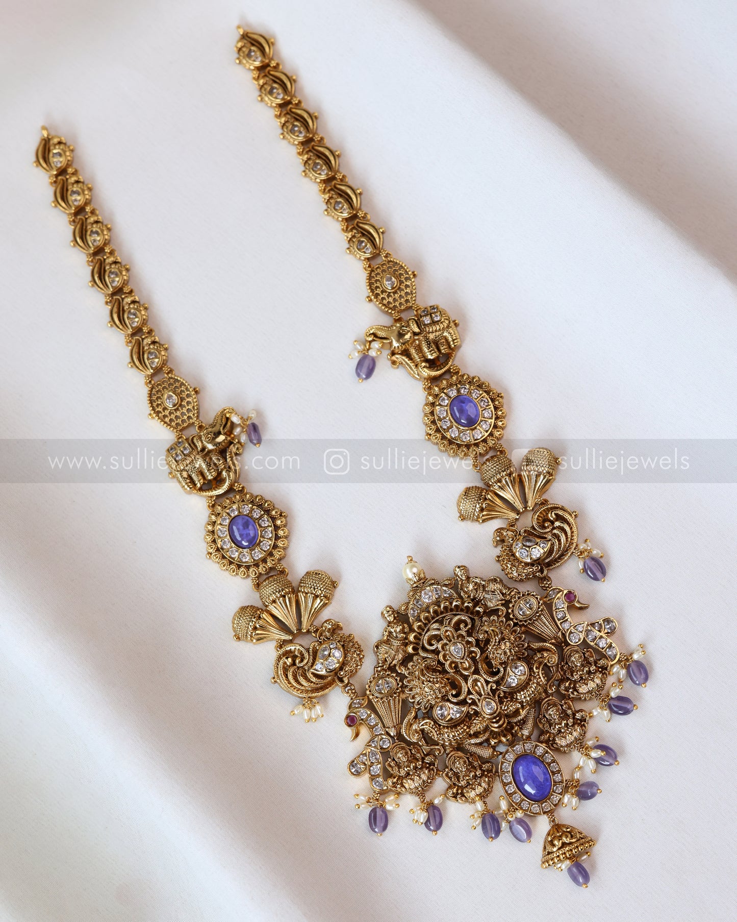 7166 - Premium Violet Peacock Lakshmi Stonework Haaram with Earring