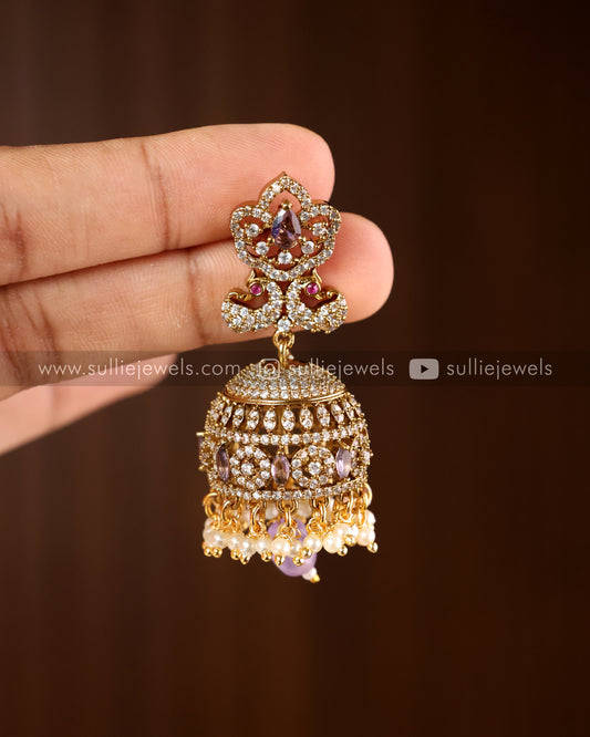 Violet Stone Jhumka with Pearl hangings