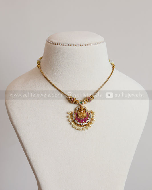 Lakshmi Pearl Pink Stone Pendant Gold Chain with Jhumka