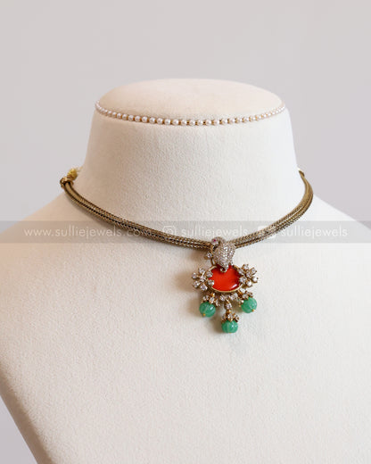 Orange Centre Stone AD Choker with Earring
