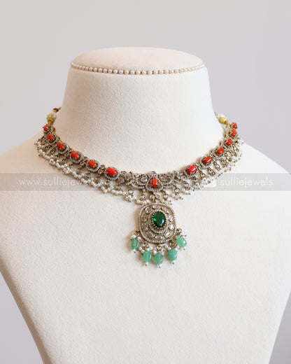 Victorian Emerald & Coral Pendant Necklace with Earring
