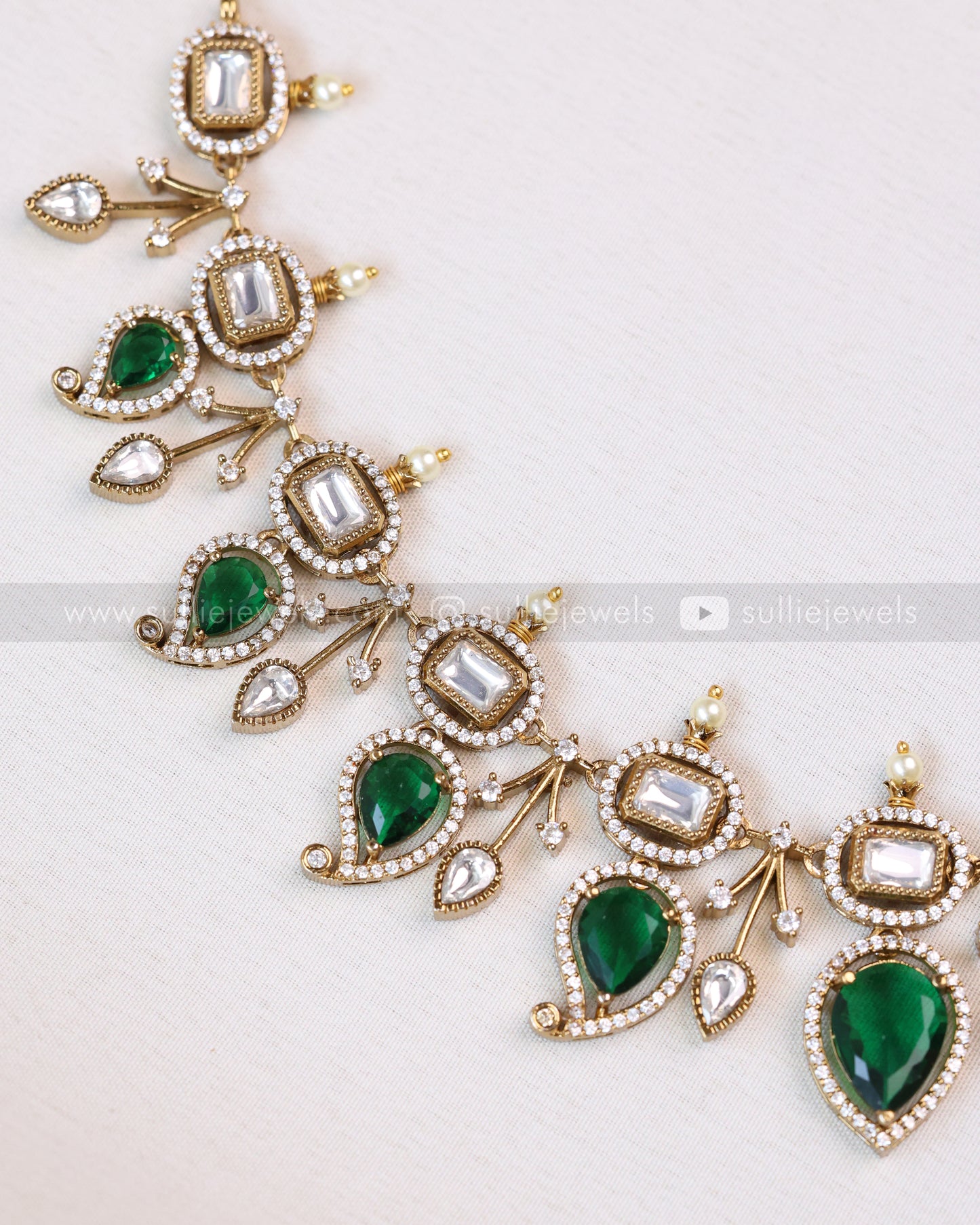 3702 - Green Mango Design Polki Necklace with Earrings