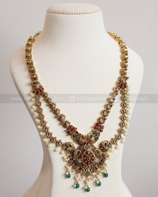 Antique Premium No Idol Coral Double Layer Long Chain / Haaram with Earring