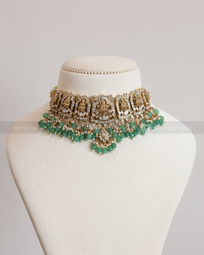Premium Jadau Kemp Goddess Heavy Choker with Earring - Mint Beads