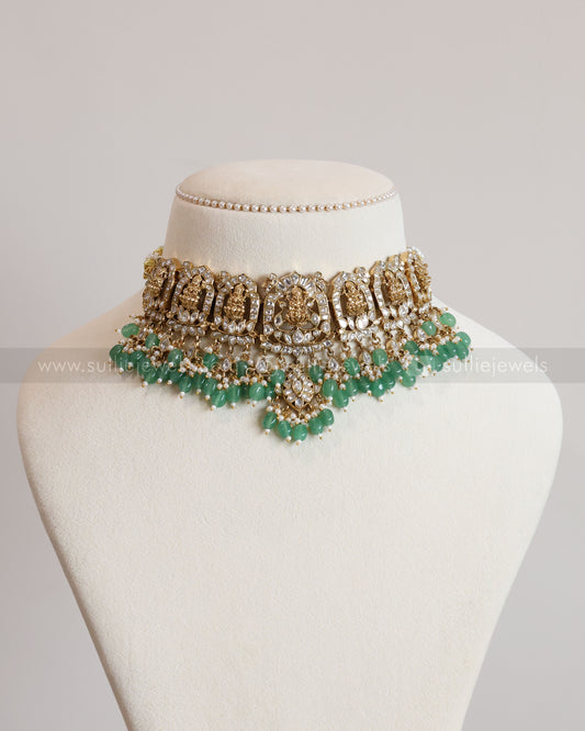 Premium Jadau Kemp Goddess Heavy Choker with Earring - Mint Beads