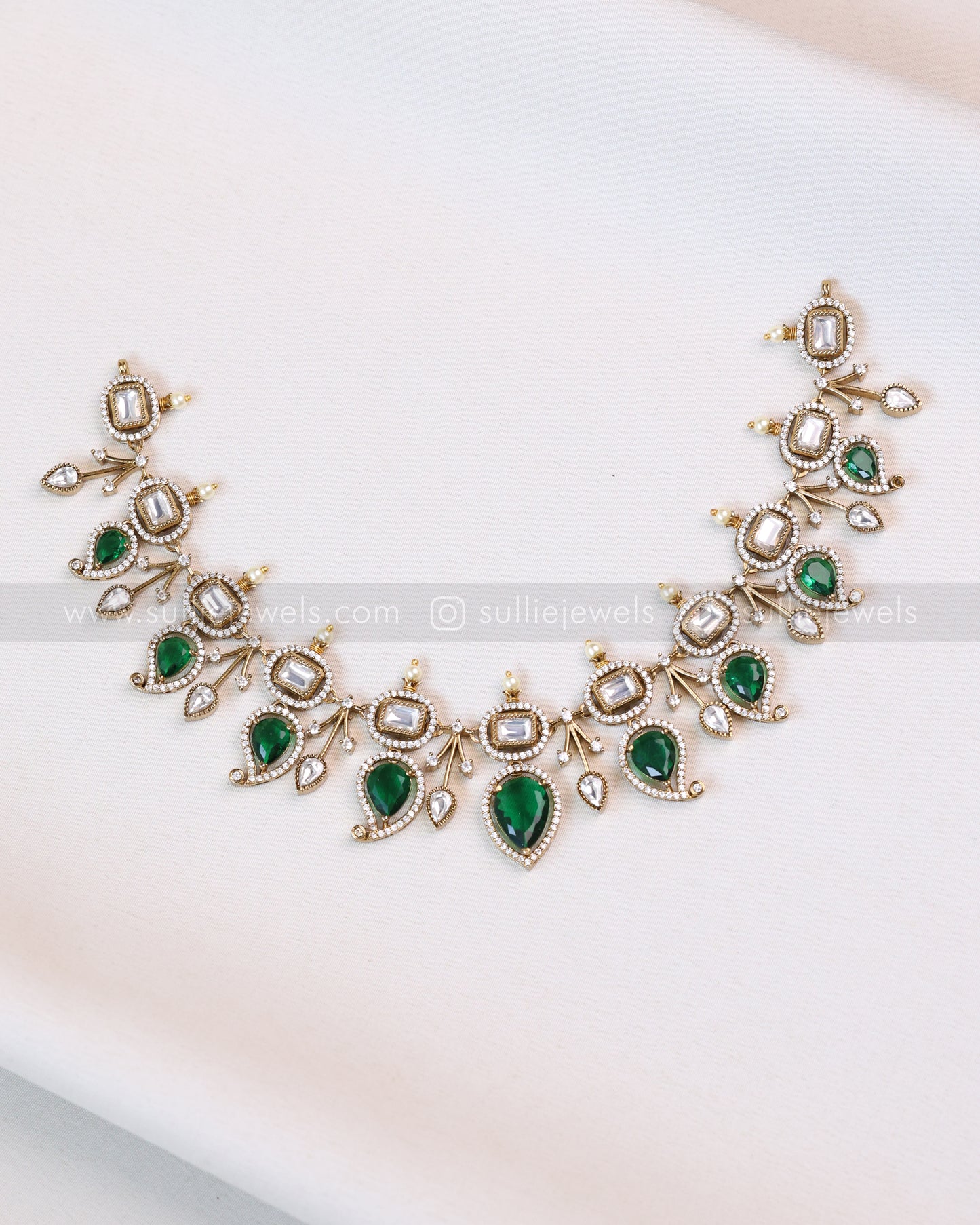 3702 - Green Mango Design Polki Necklace with Earrings