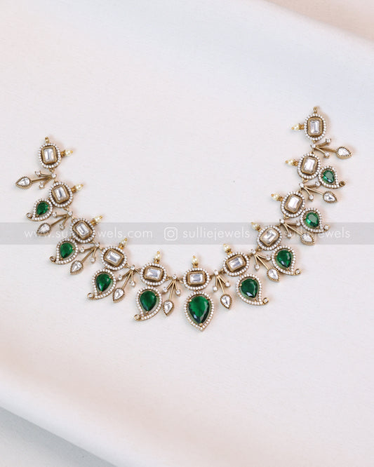 3702 - Green Mango Design Polki Necklace with Earrings