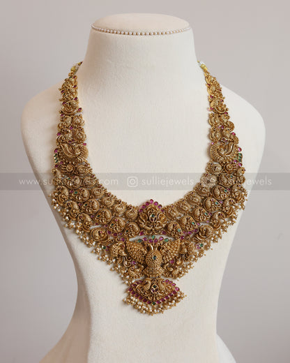 No Idol - Premium Peacock Broad Gold Long Chain / Haaram with Earring