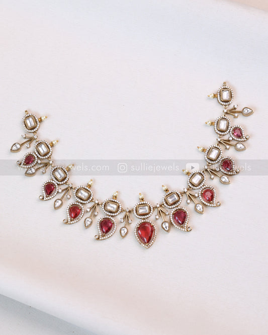 3701 - Ruby Mango Design Polki Necklace with Earrings