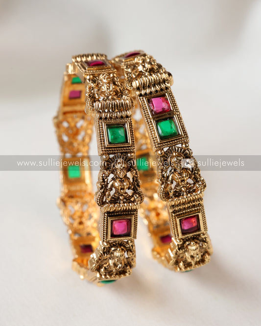 Sullie Basic - Red & Green Lakshmi Stone Gold Bangle - Set of 2