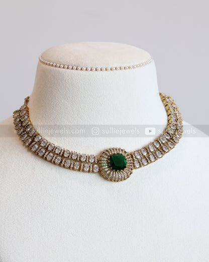 Two Layer AD Stone Emerald Necklace with Stud