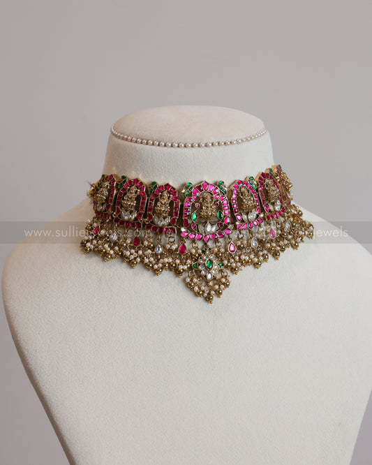 Premium Jadau Kemp Goddess Heavy Choker with Earring - Gold Beads