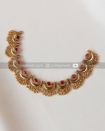 Sullie Basic - Ardha Chandra Gold Beads Ruby Necklace with Stud