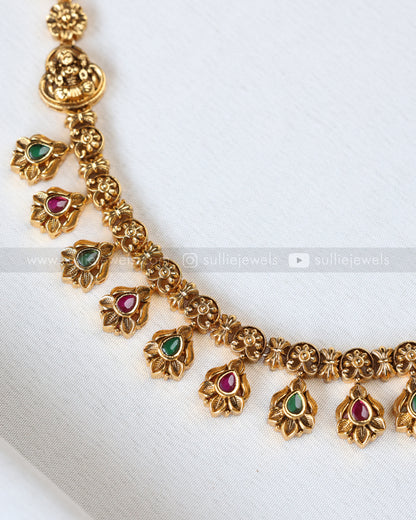 3907 - Lakshmi Gold Floral Hanging Necklace with Stud