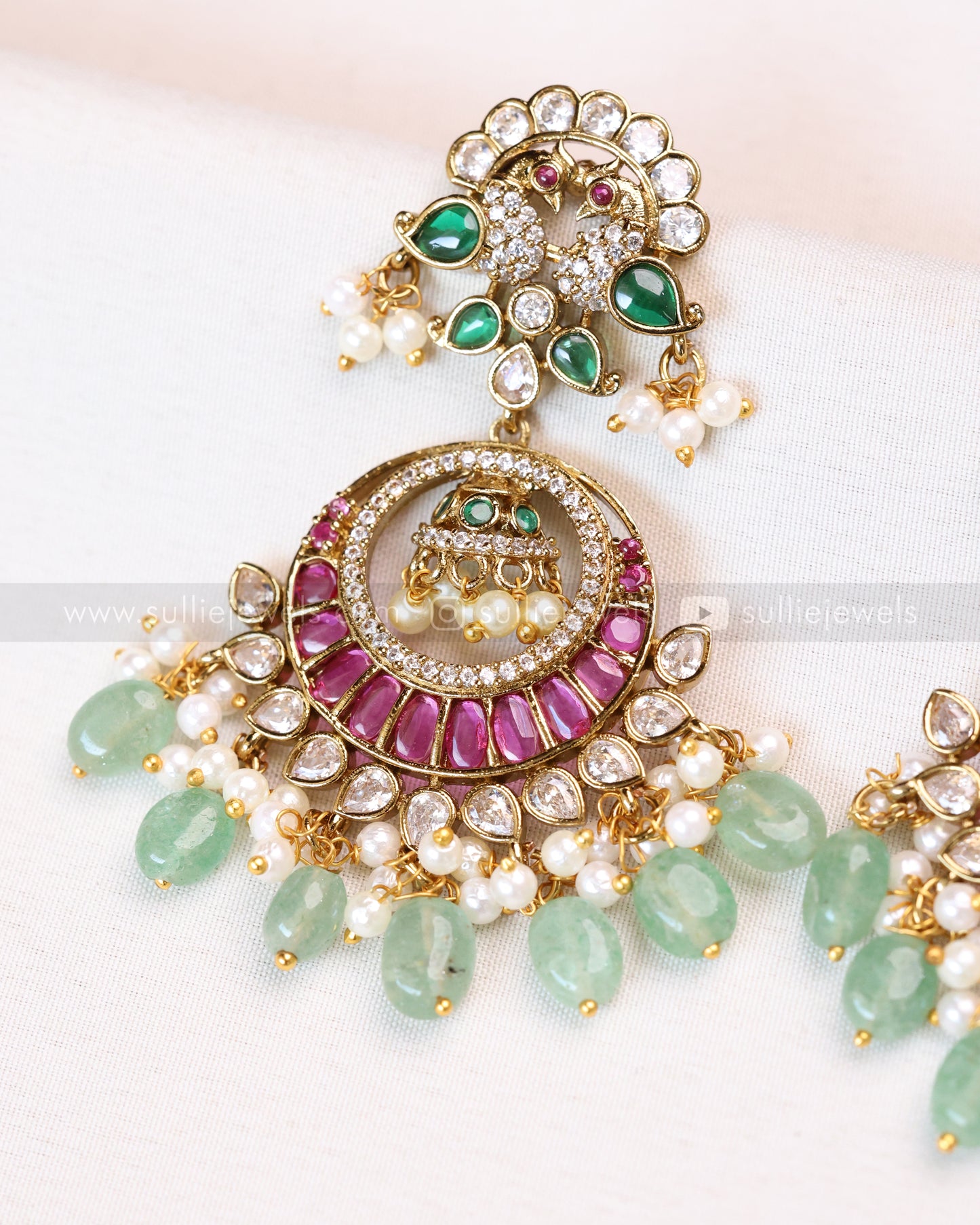 E1177 - Premium Peacock Chandbali Earrings with Mint Beads