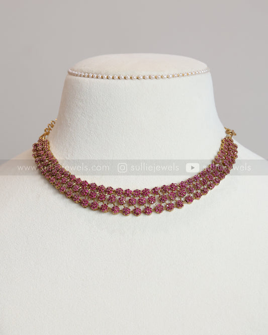 Diamond Lookalike Dark Pink Layer Necklace with Earring