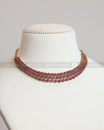 Diamond Lookalike Dark Pink Layer Necklace with Earring