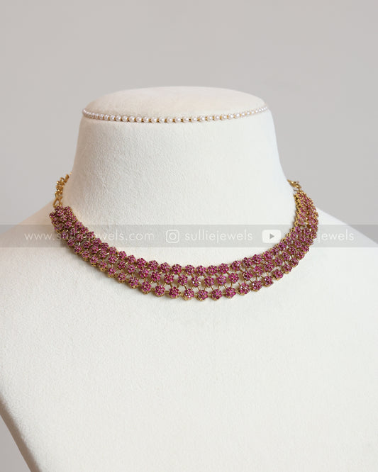 Diamond Lookalike Dark Pink Layer Necklace with Earring