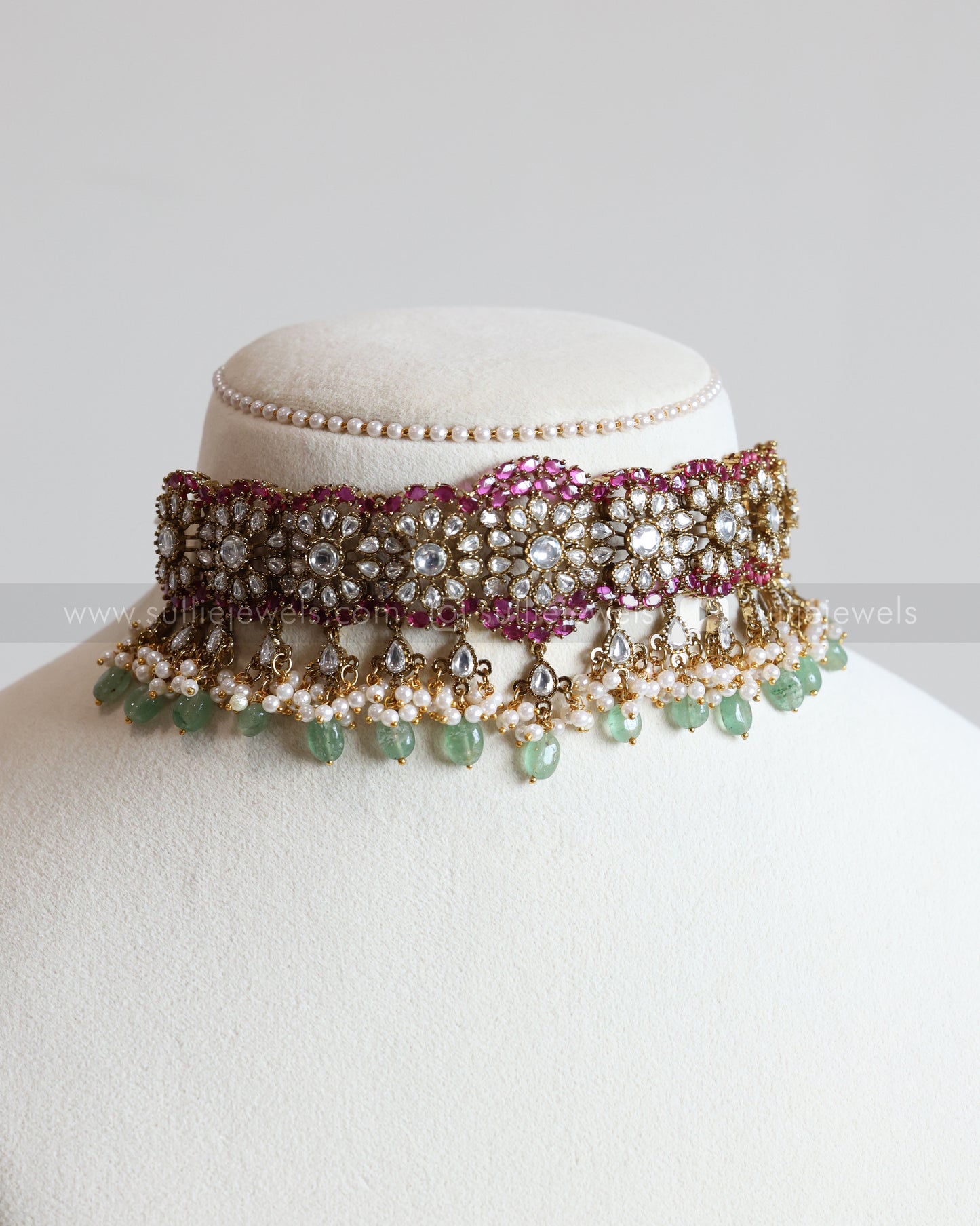 2097 - Designer Emerald & Ruby Floral Steady Choker with Stud
