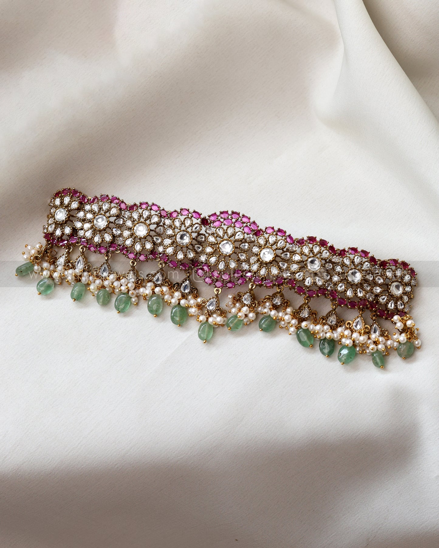 2097 - Designer Emerald & Ruby Floral Steady Choker with Stud