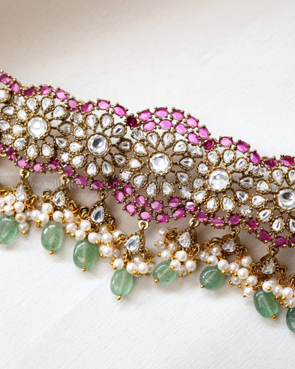 2097 - Designer Emerald & Ruby Floral Steady Choker with Stud