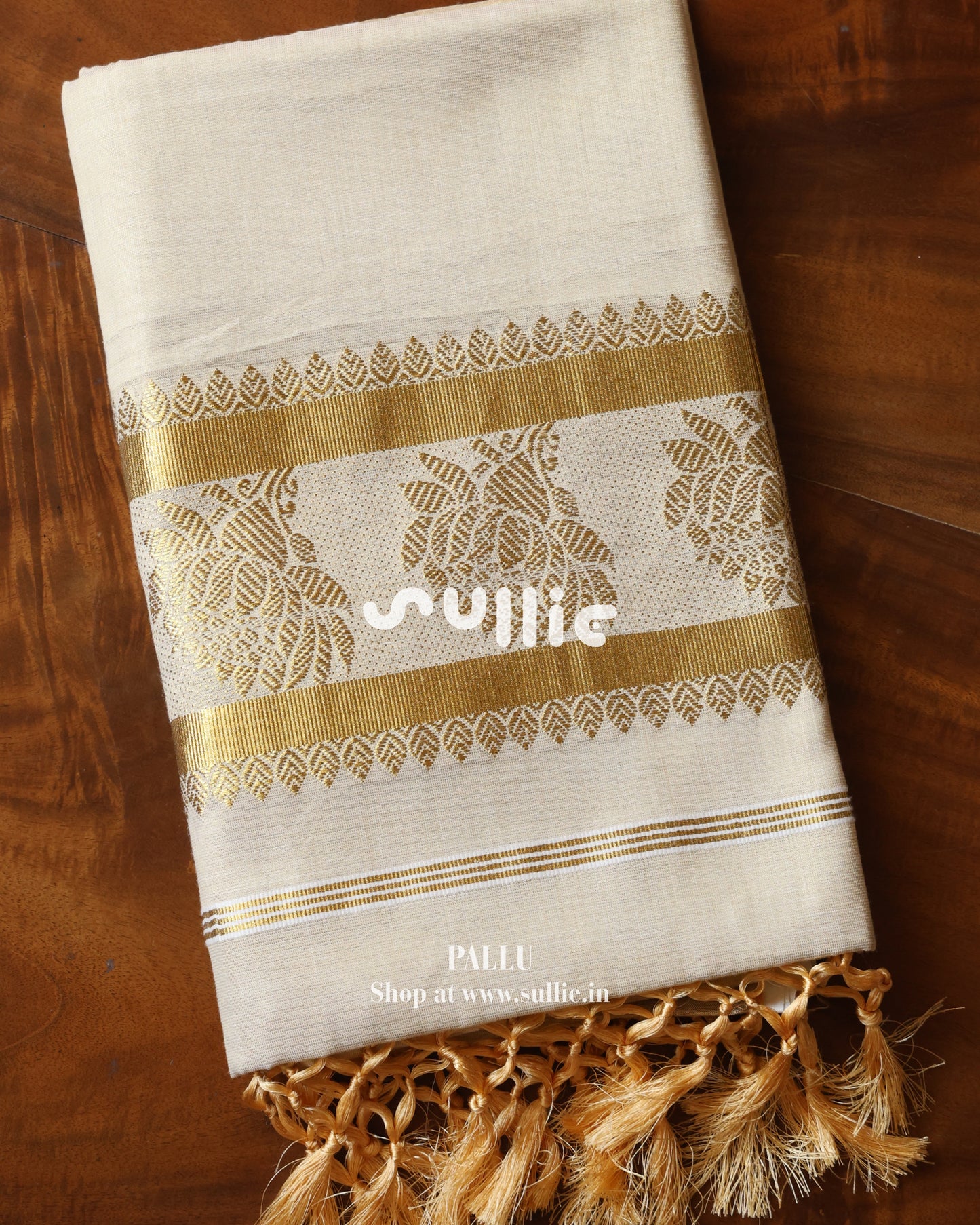 Off-White Golden Leaf Tissue Kerala Saree  | Onam Saree