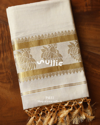 Off-White Golden Leaf Tissue Kerala Saree  | Onam Saree